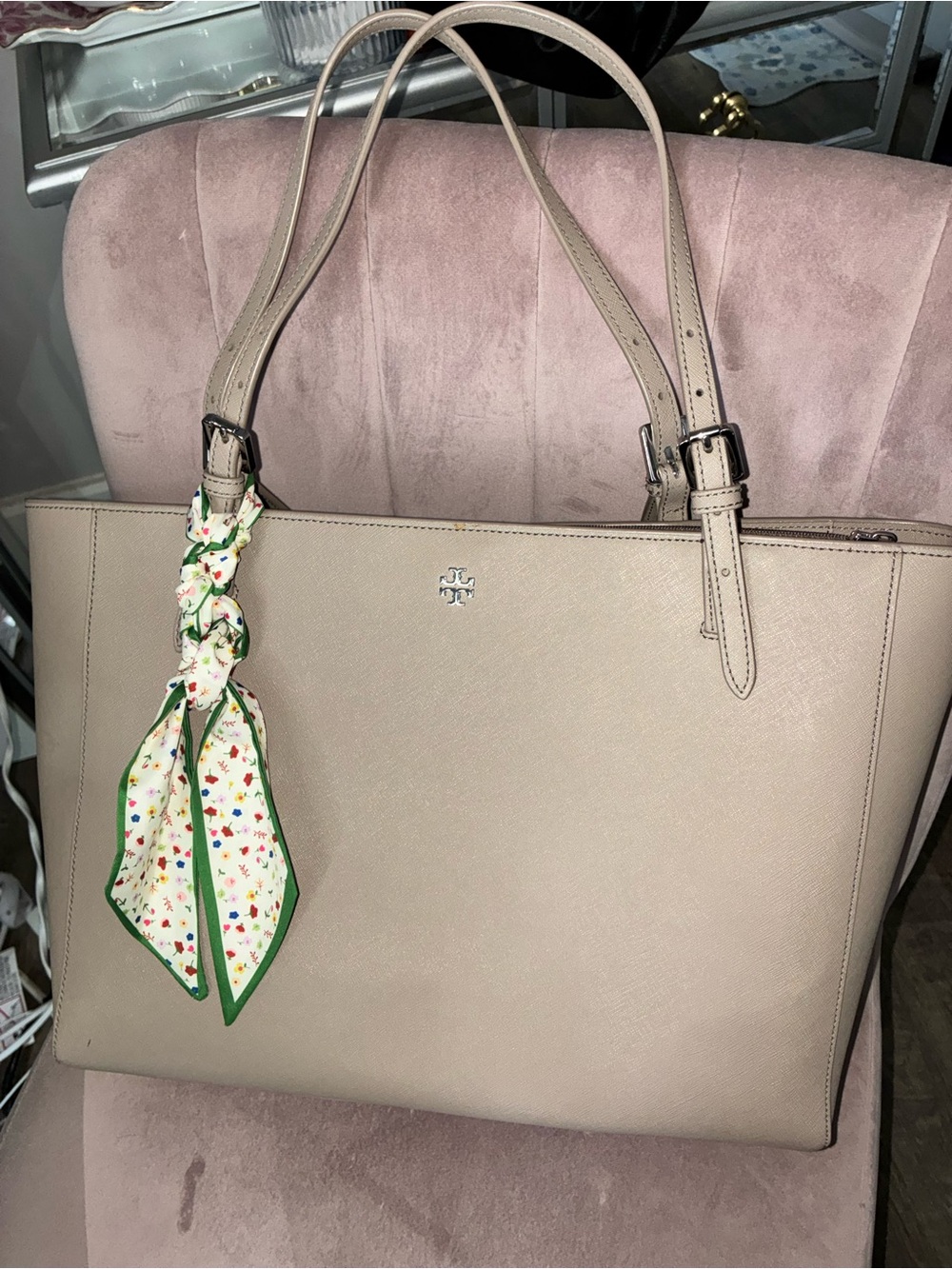 Tory Burch Neutral Taupe Saffiano Leather Tote with Scarf Accent
